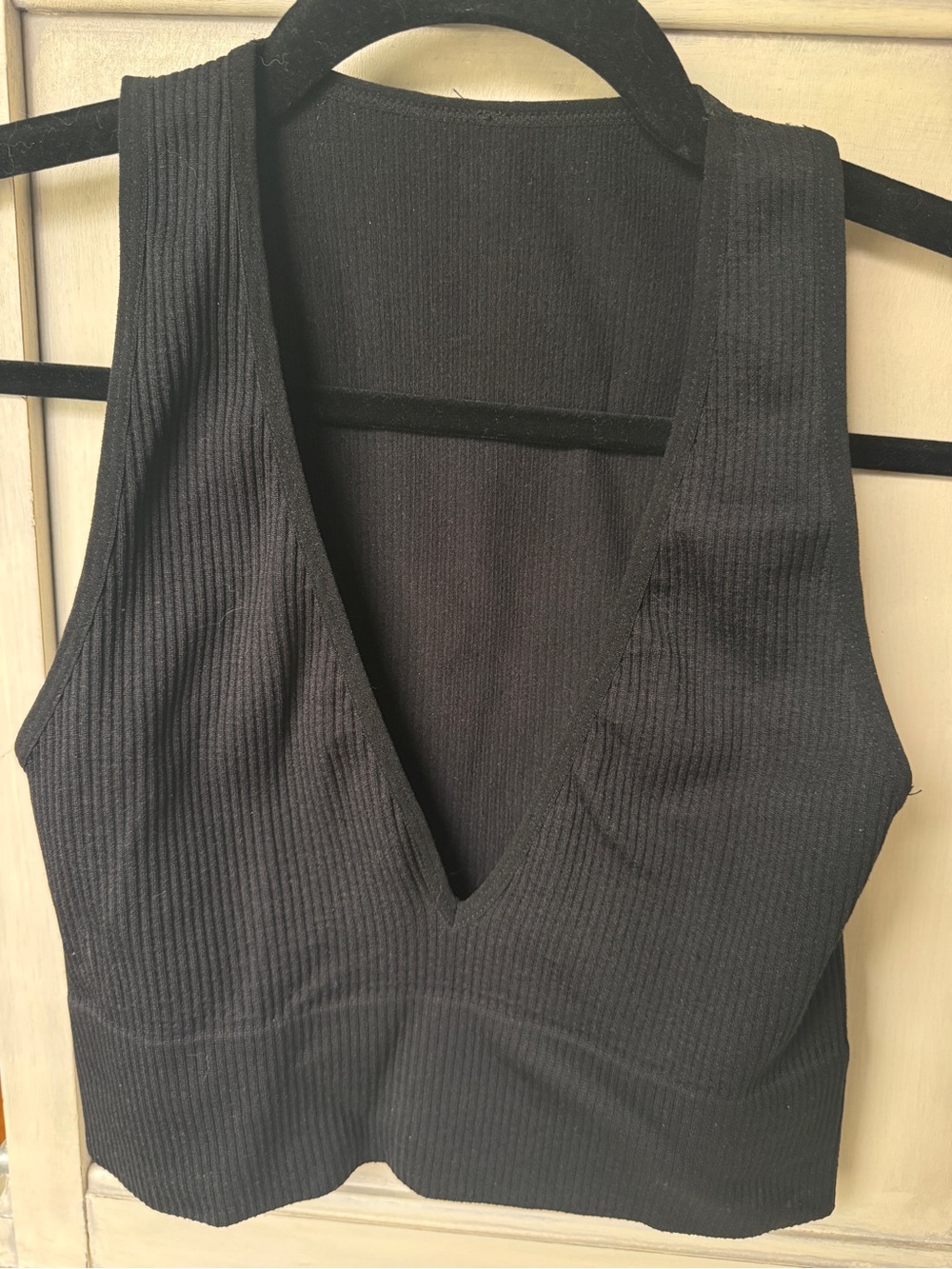 Black Stretch Ribbed Deep V-Neck Crop Top.